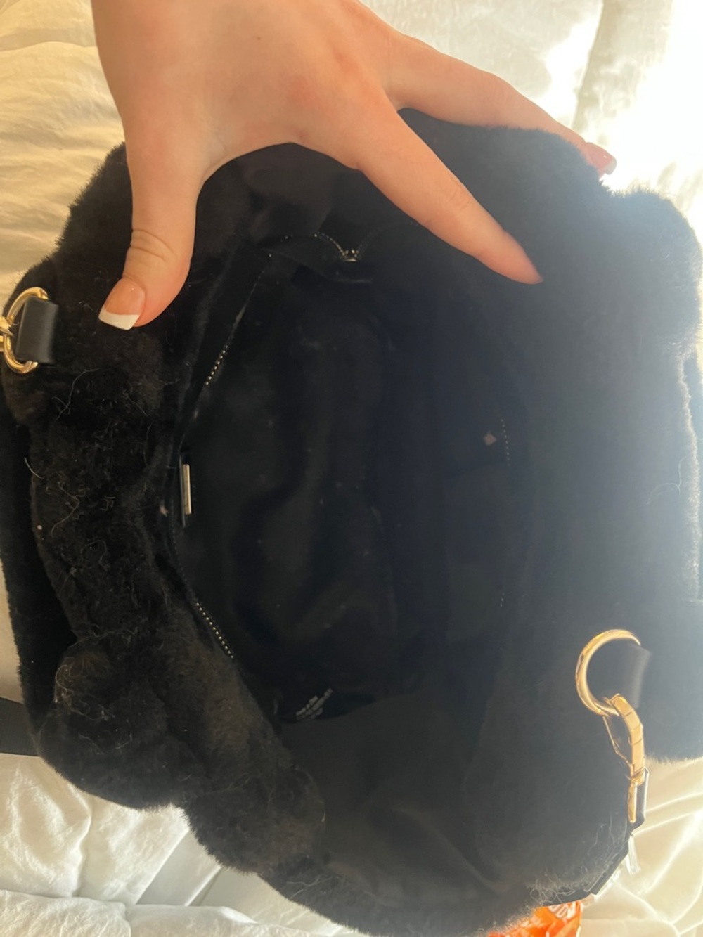 GUESS Plush Black Tote with Pom Charm and Logo Plate - Picture 2 of 2